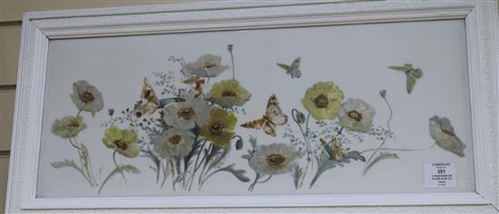 Four early 20th century paintings on opaque glass, studies of birds and flowers, largest 24 x 12.5in., together